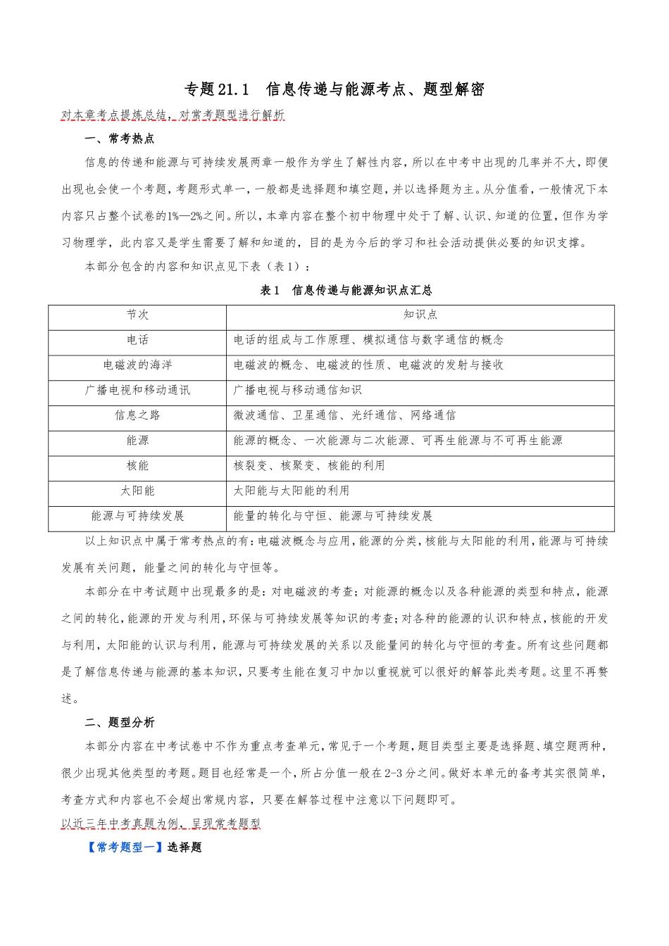 专题21.1信息传递与能源考点、题型解密_第1页