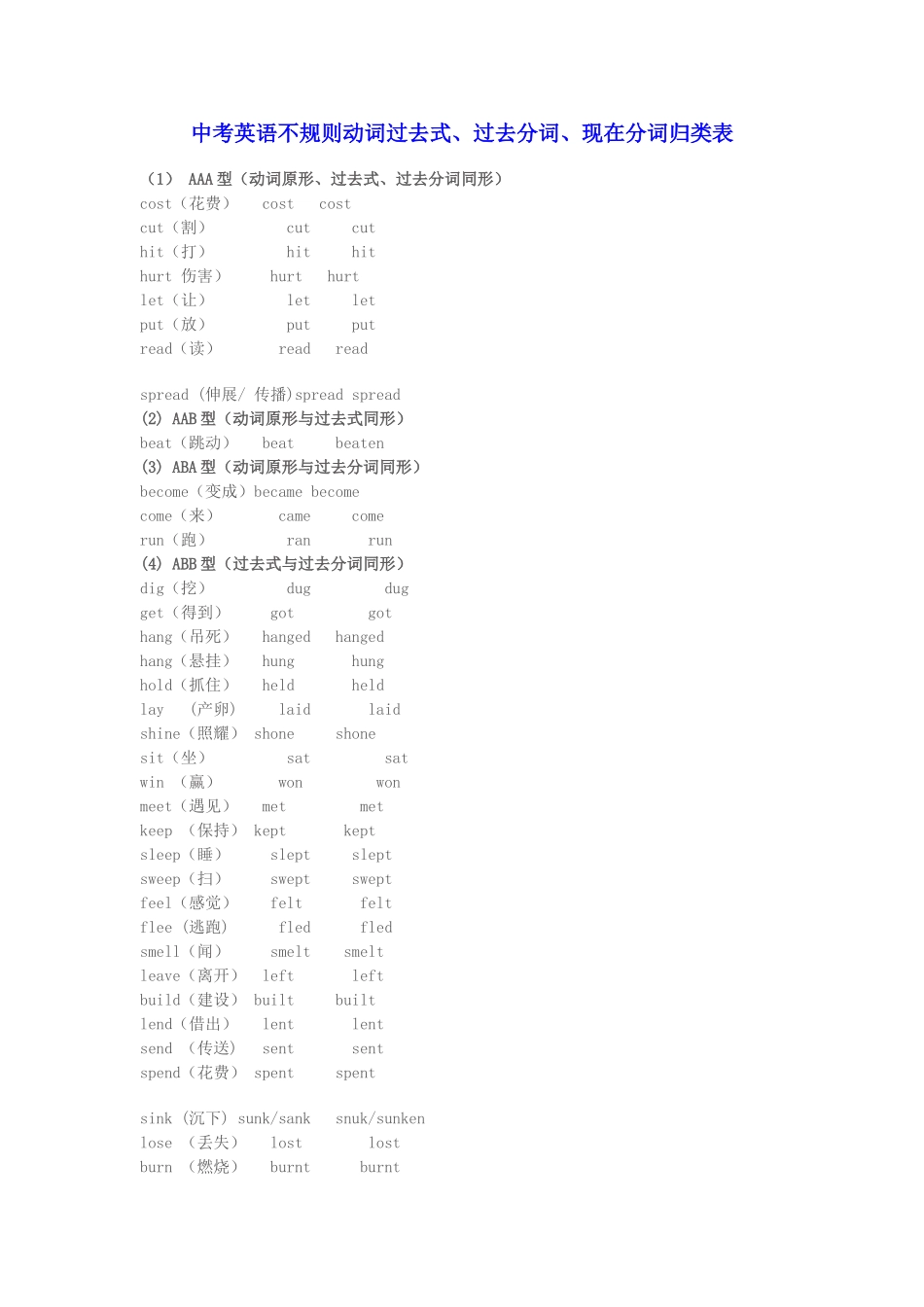 中考英语不规则动词过去式、过去分词、现在分词归类表_第1页