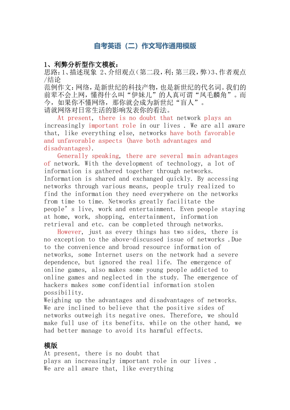 自考英语（二）作文写作通用模版_第1页