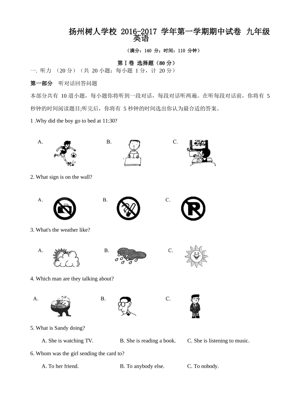 扬州树人学校2016-2017学年第一学期期中试卷九年级英语_第1页