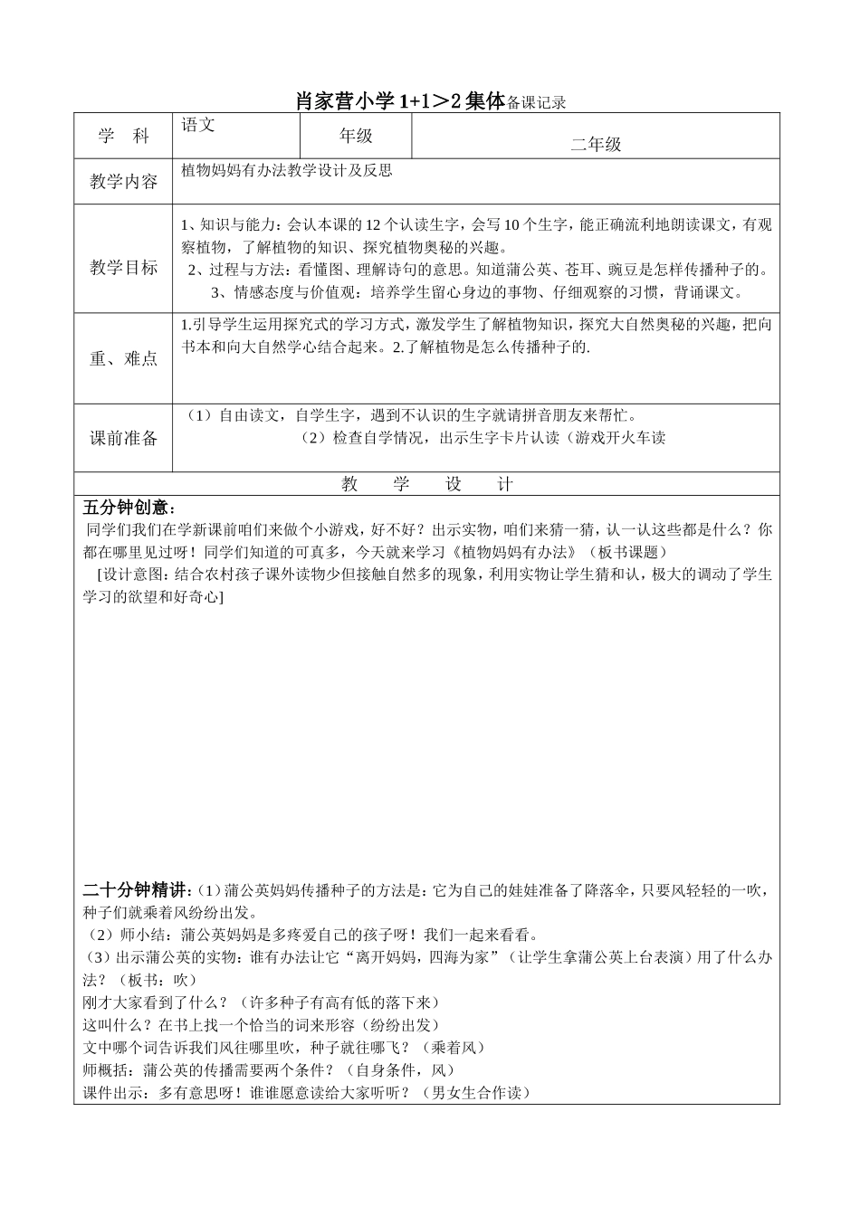 肖家营小学1+1＞2集体备课记录_第1页
