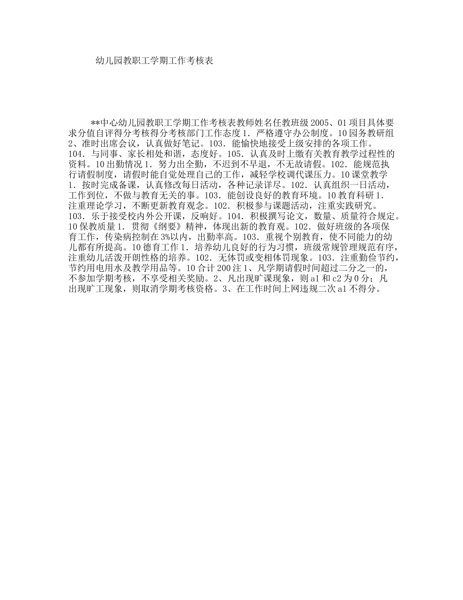 幼儿园教职工学期工作考核表_第1页