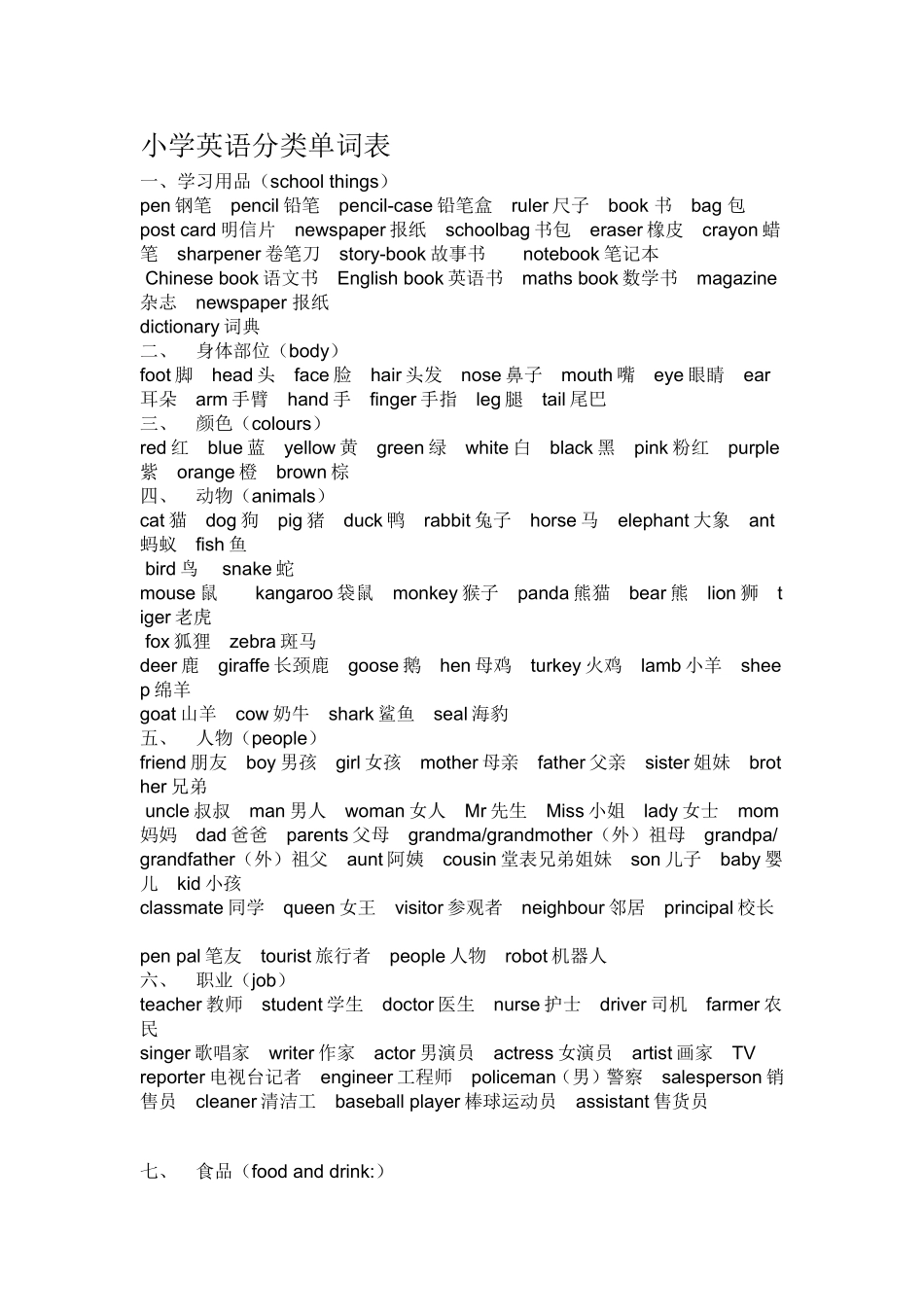 小学英语分类单词表_第1页