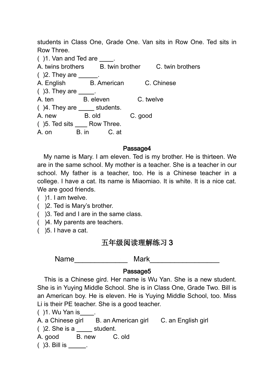 五年级阅读理解练习_第2页