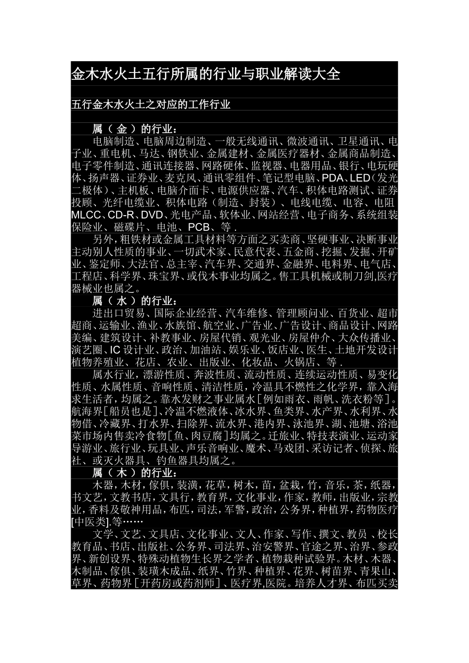 金木水火土五行所属的行业与职业解读大全_第1页