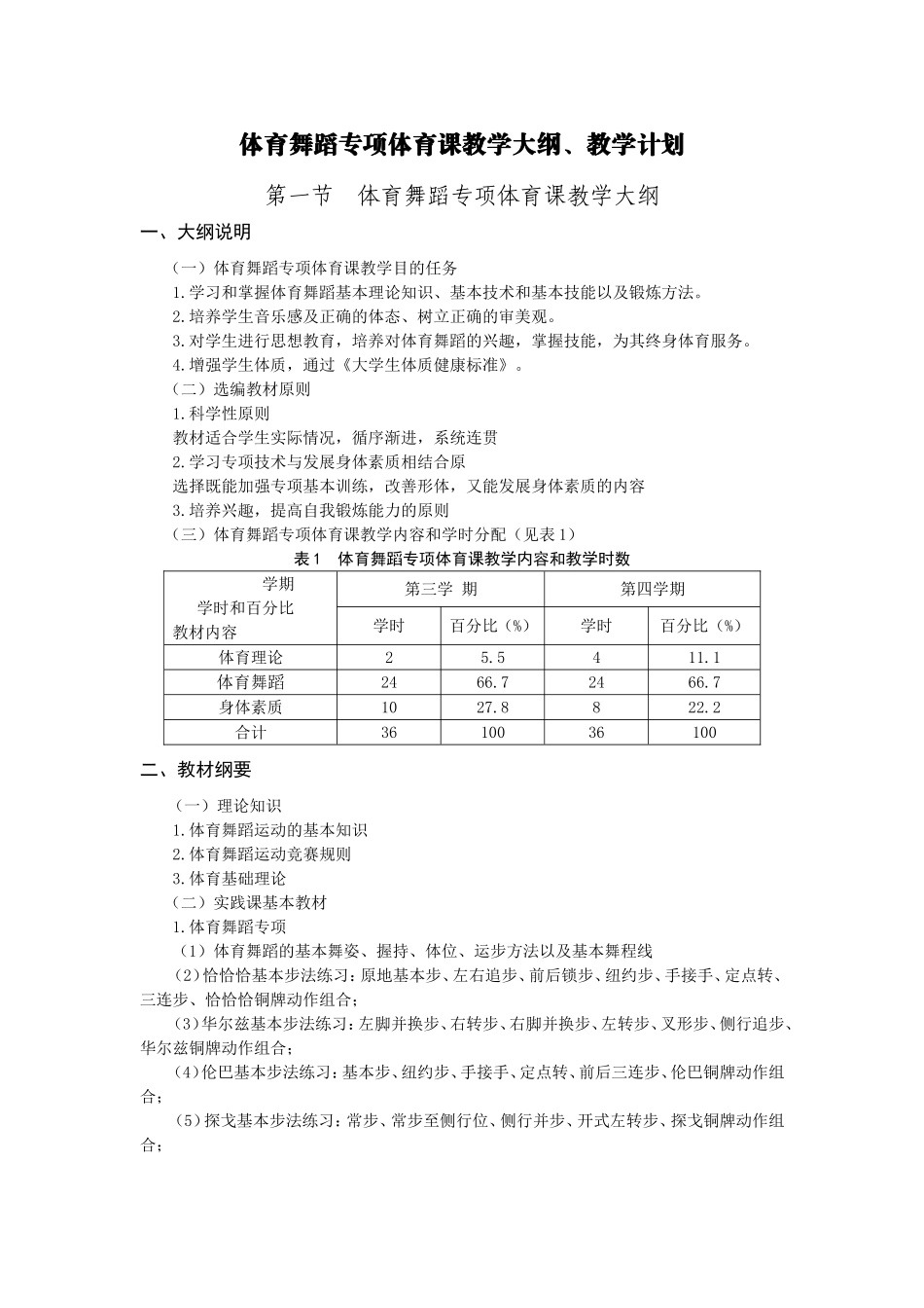体育舞蹈专项体育课教学大纲、教学计划_第1页