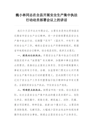魏小林同志在全县开展安全生产集中执法行动动员部署会议上的讲话