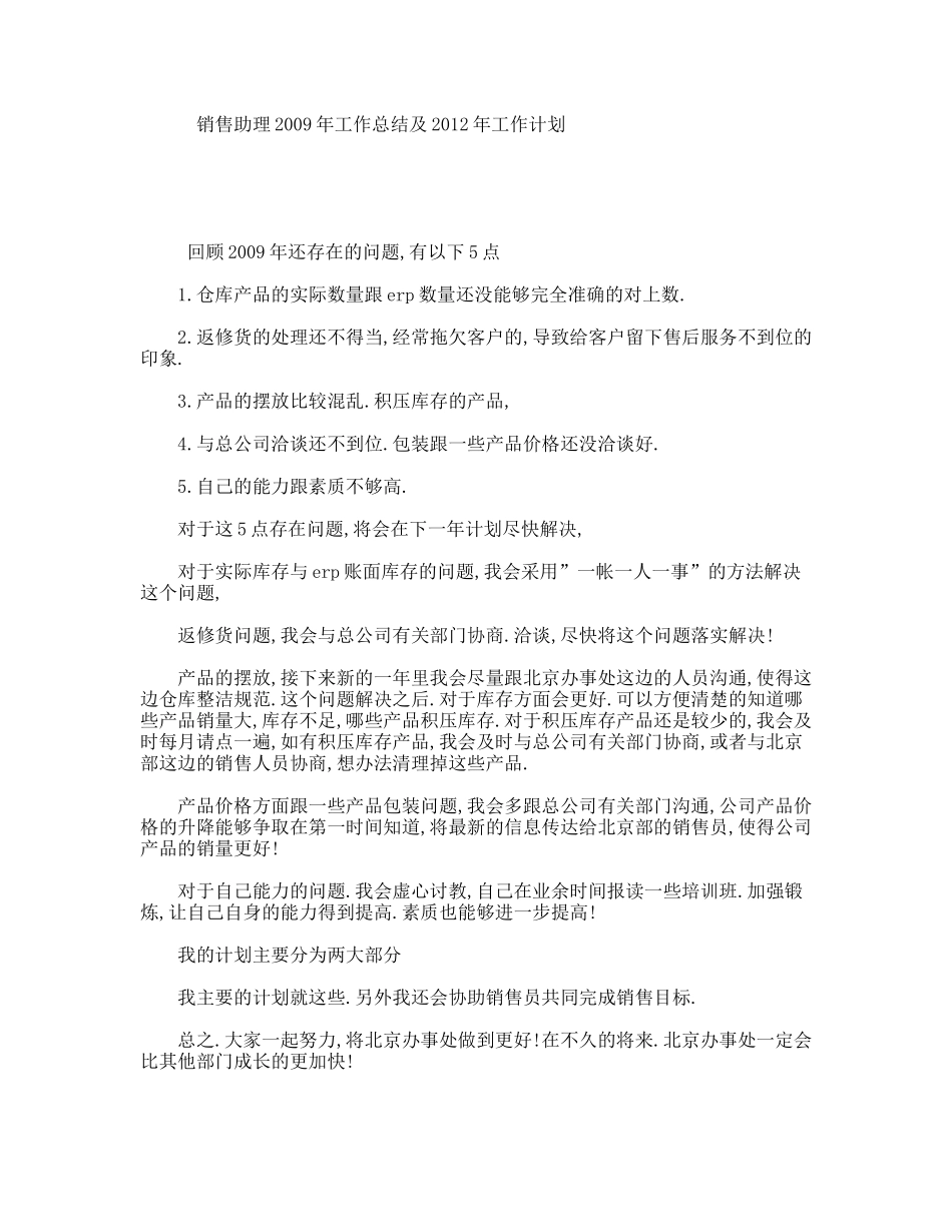 销售助理2009年工作总结及2012年工作计划_第1页