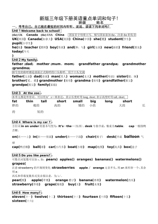 新版三年级下册英语重点单词和句子!