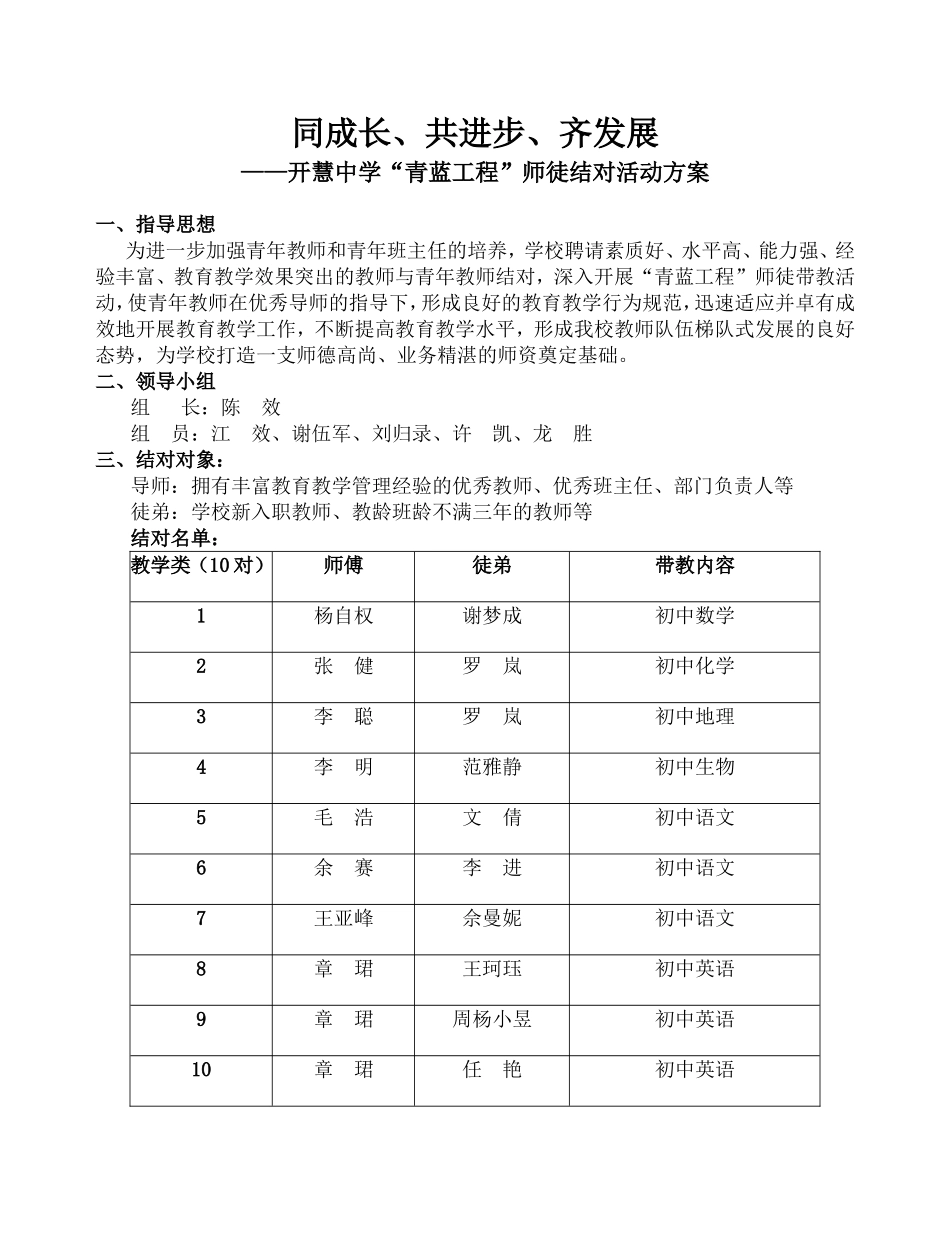 同成长、共进步、齐发展——开慧中学“青蓝工程”师徒结对活动方案_第1页
