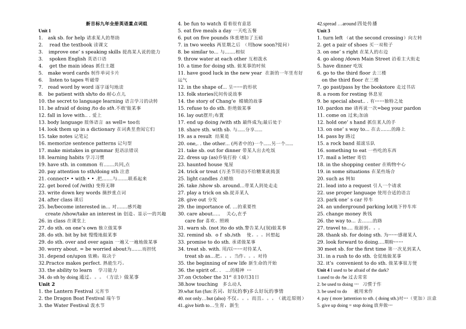 新目标九年全册英语重点词组_第1页