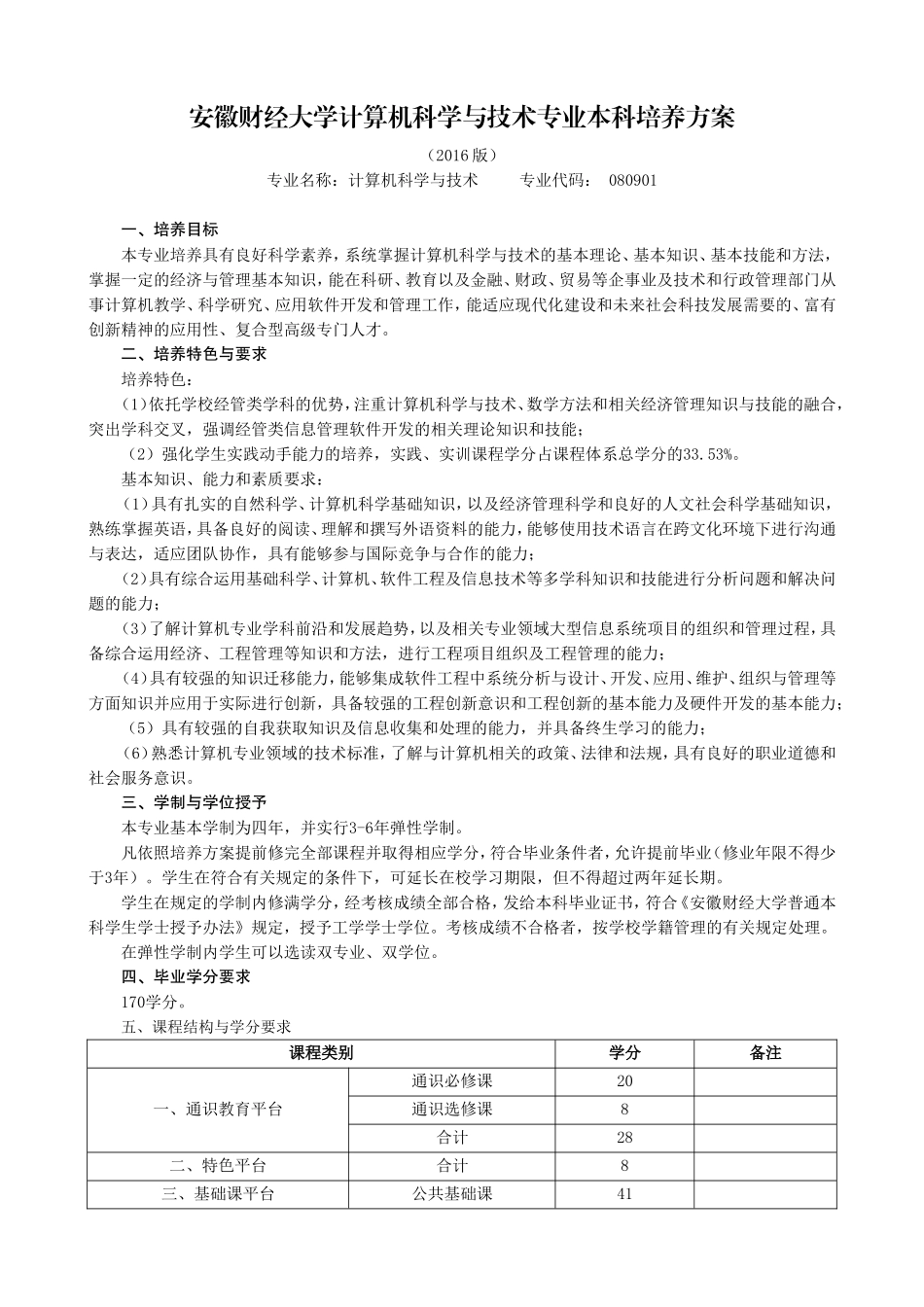 安徽财经大学计算机科学与技术专业本科培养方案_第1页