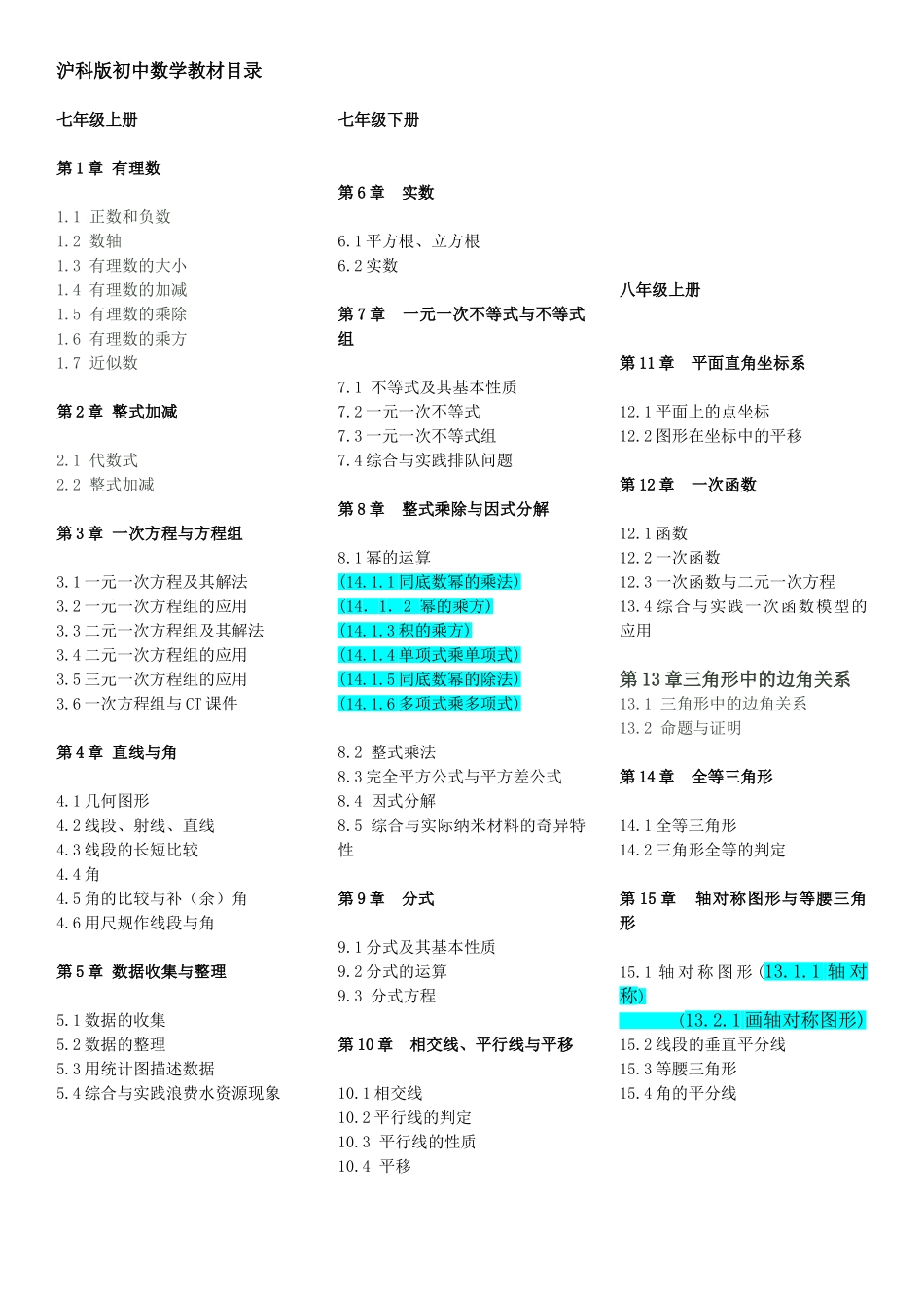 沪科版初中数学教材目录_第1页