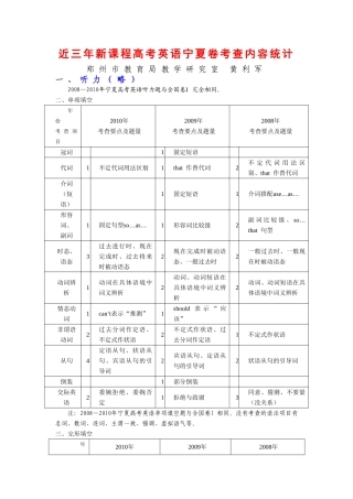 近三年新课程高考英语宁夏卷考查内容统计