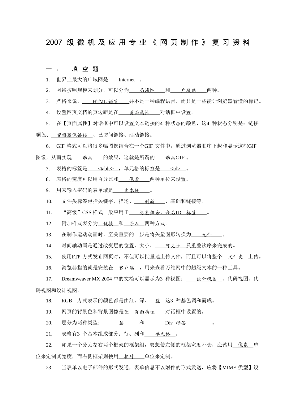 级微机及应用专业《网页制作》复习资料_第1页