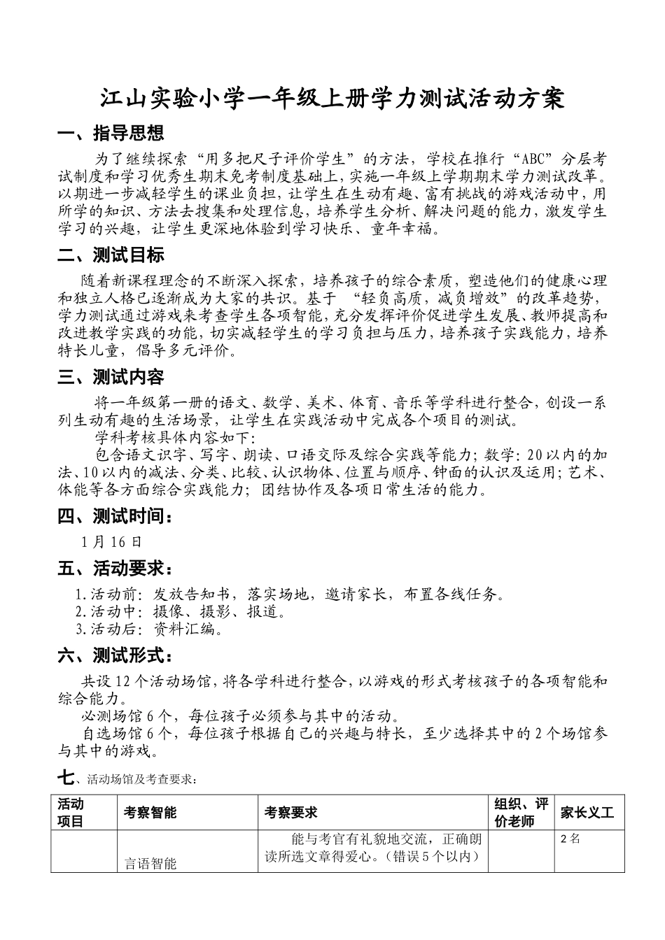 江山实验小学一年级上册学力测试活动方案_第1页