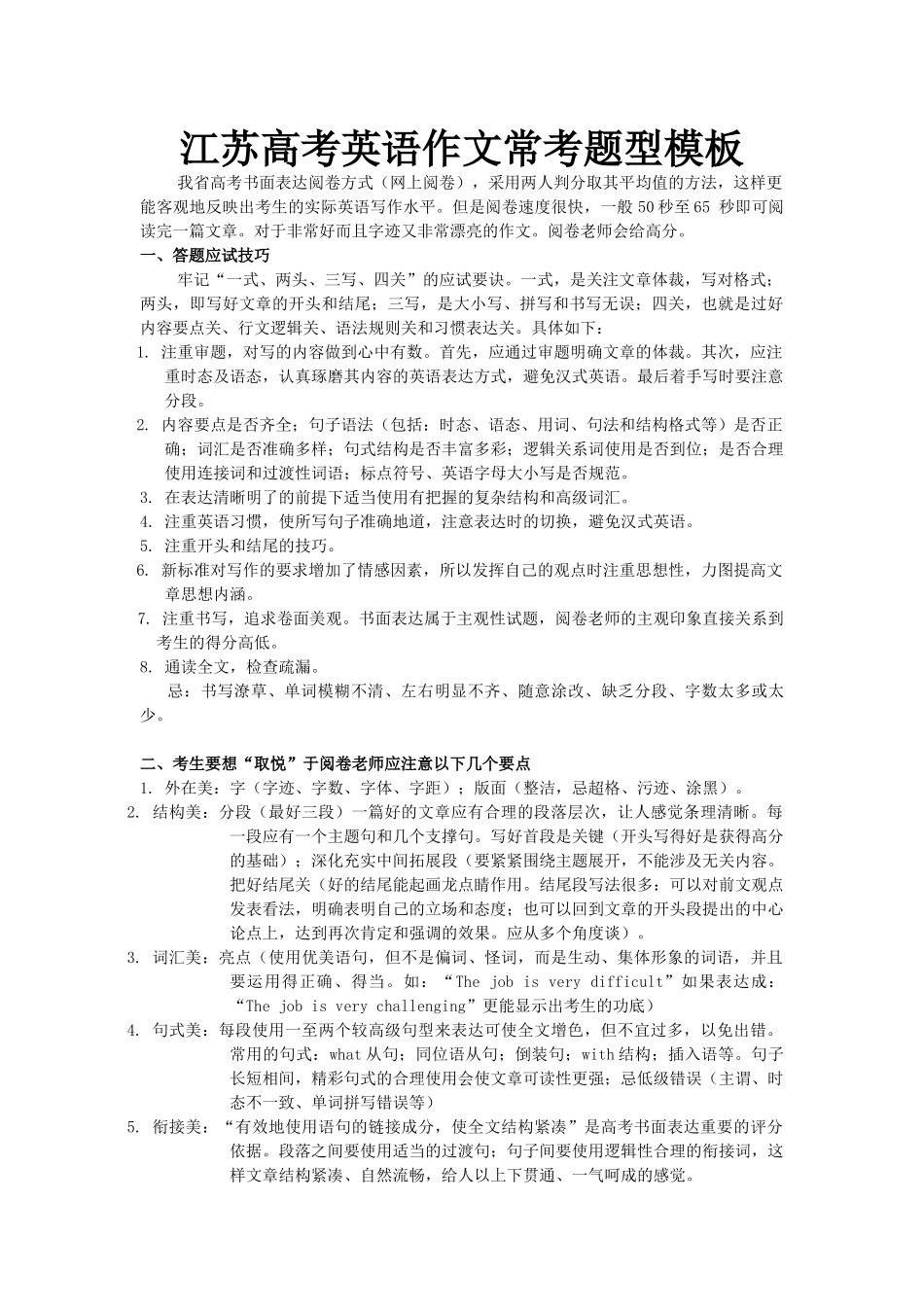 江苏高考英语作文常考题型模板_第1页