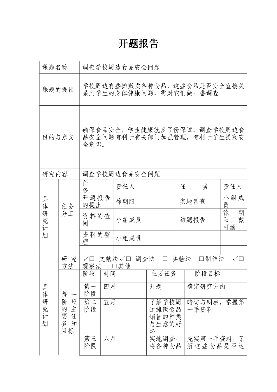 调查学校周边食品安全问题课题开题报告_第1页