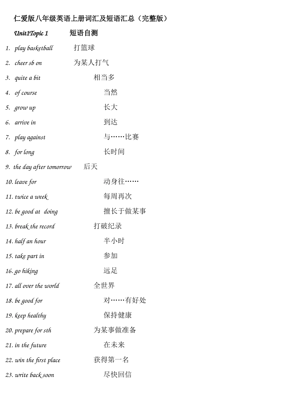 仁爱版八年级英语上册词汇及短语汇总（完整版）_第1页