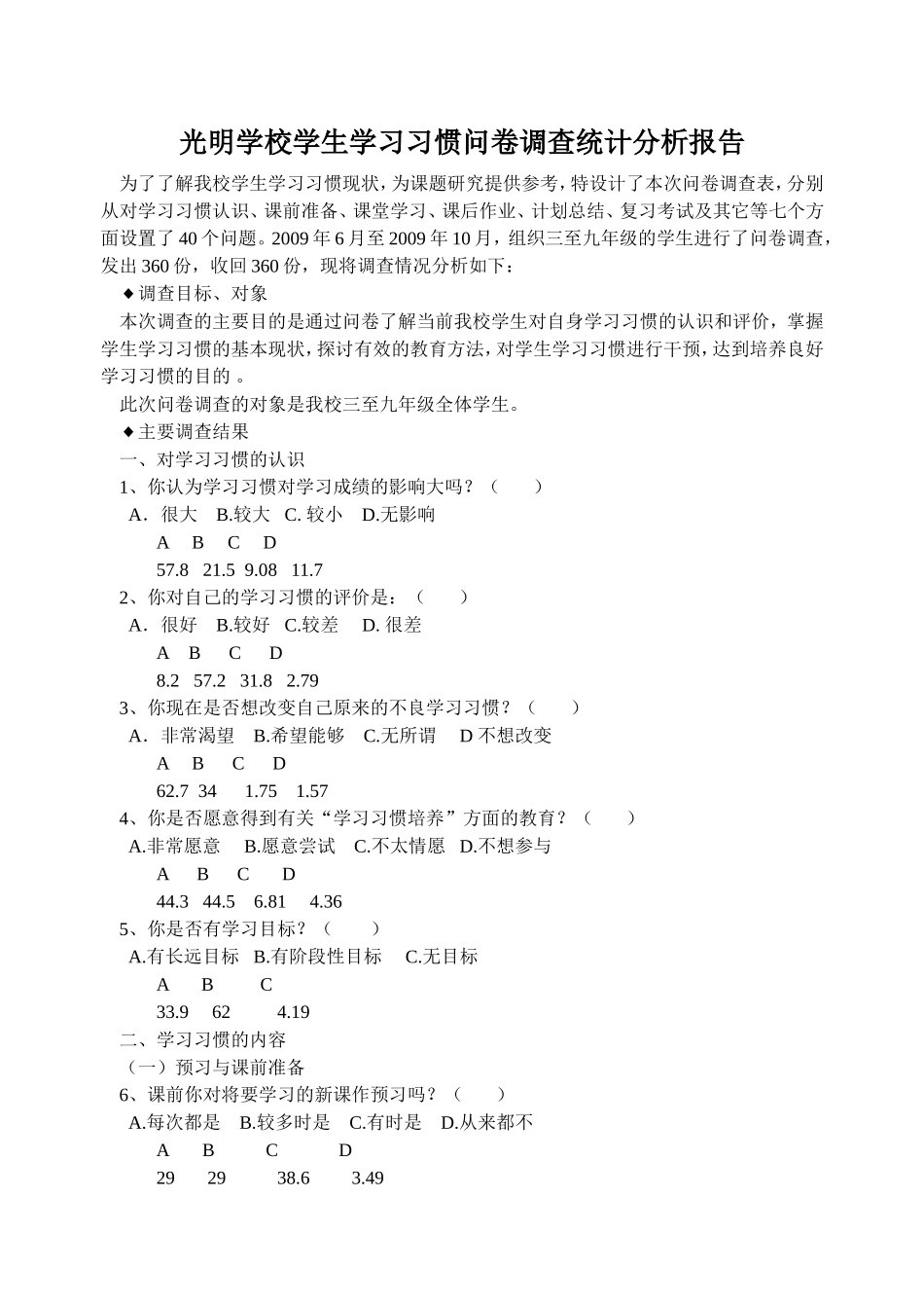 光明学校学生学习习惯问卷调查统计分析报告_第1页
