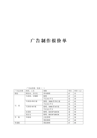 广告制作报价单