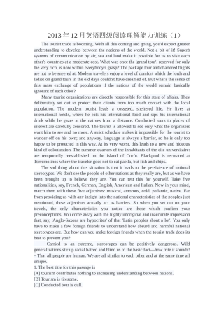 年12月英语四级阅读理解能力训练（1）