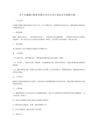关于交通银行股份有限公司中山分行食品安全保障方案