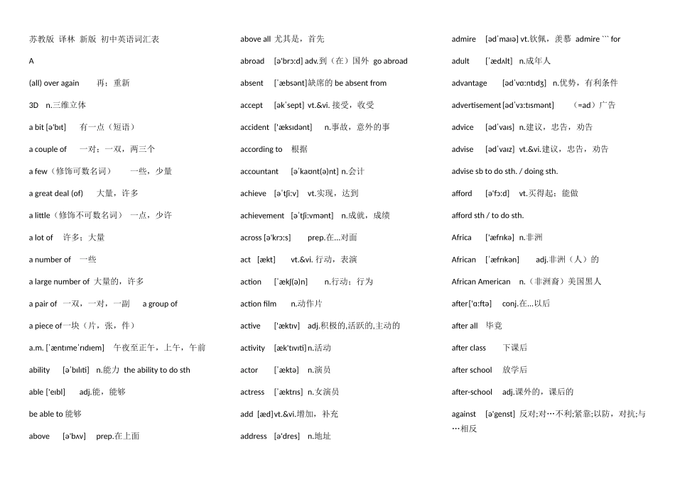 苏教版译林新版初中英语词汇表_第1页