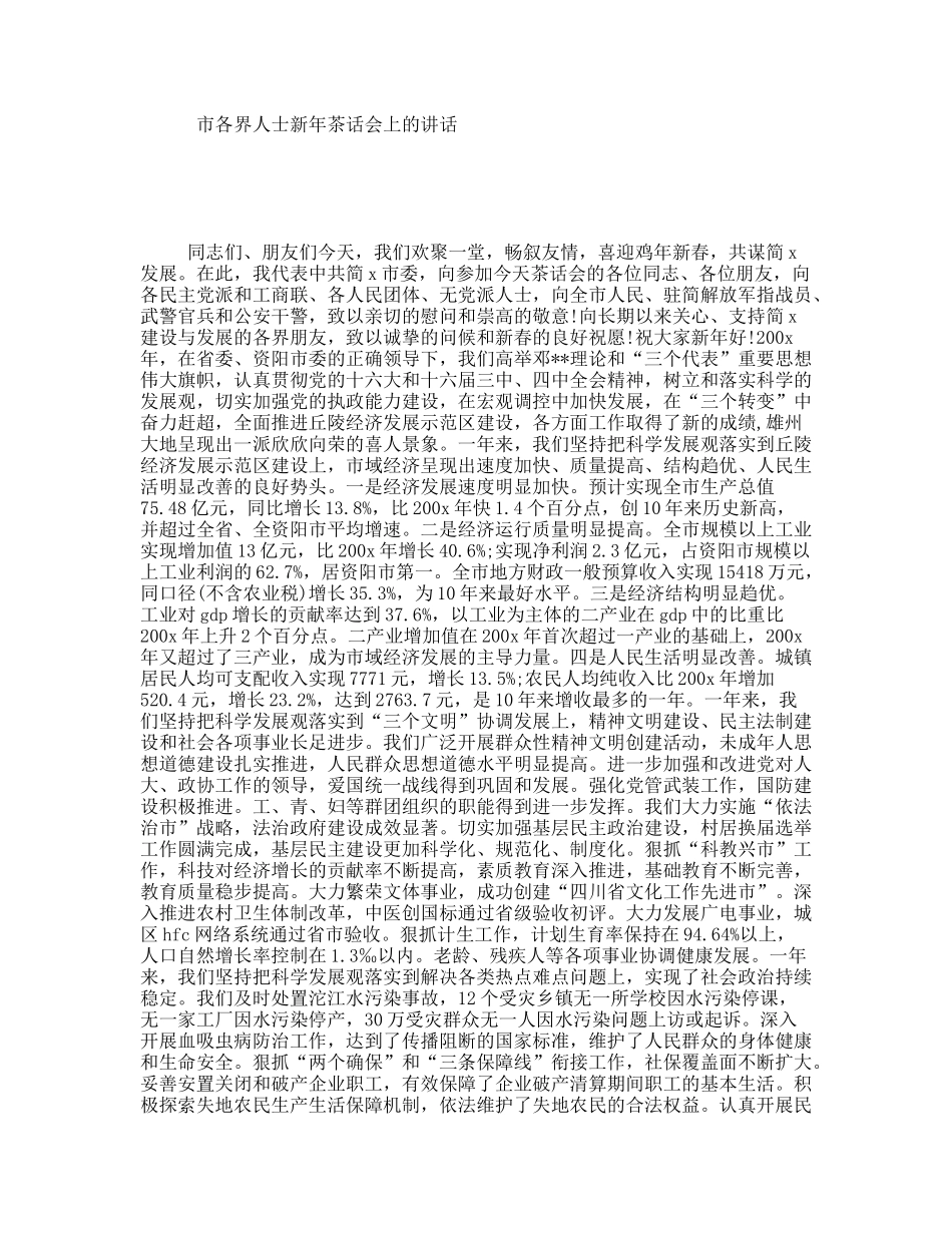 市各界人士新年茶话会上的讲话_第1页