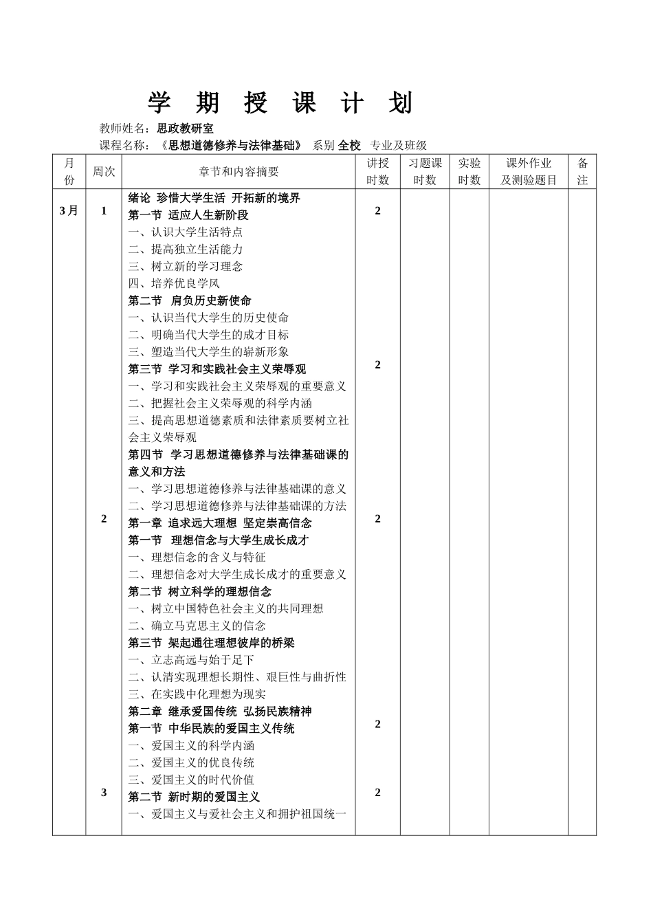 《思想道德修养与法律基础》学期授课计划_第1页