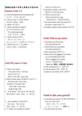 鲁教版英语六年级上册重点句型归纳