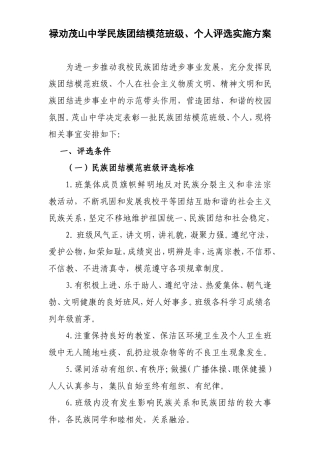 禄劝茂山中学民族团结模范班级、个人评选实施方案