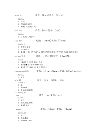 horse马英音：[hɔs]美音：[hɔrs] 动物英语单词解析
