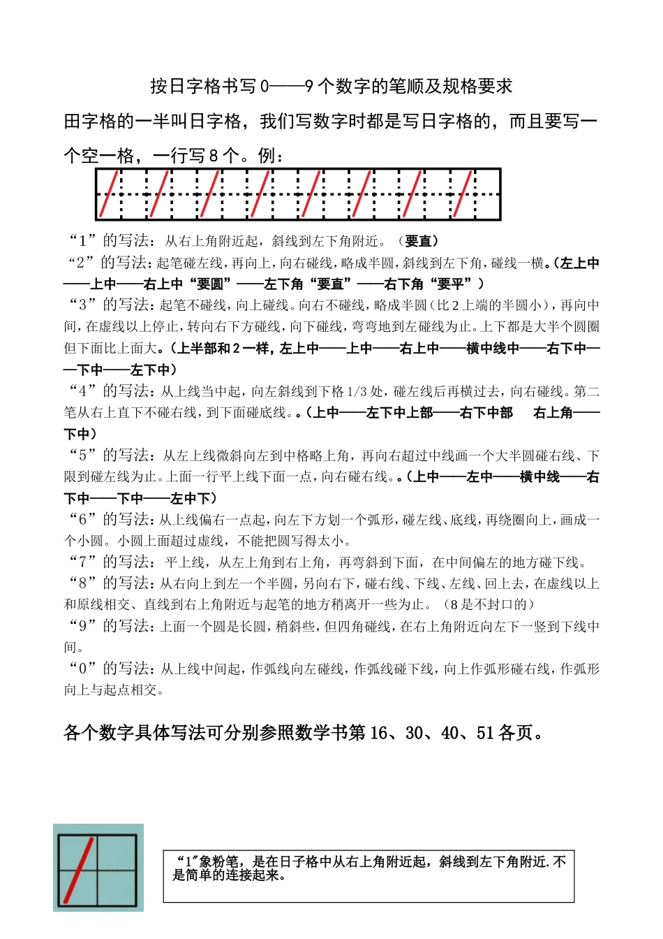 按日字格书写0——9个数字的笔顺及规格要求_第1页