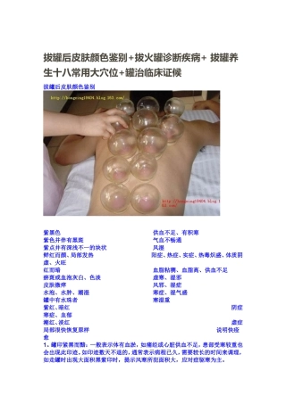 拔罐后皮肤颜色鉴别+拔火罐诊断疾病+拔罐养生十八常用大穴位+罐治临床证候  