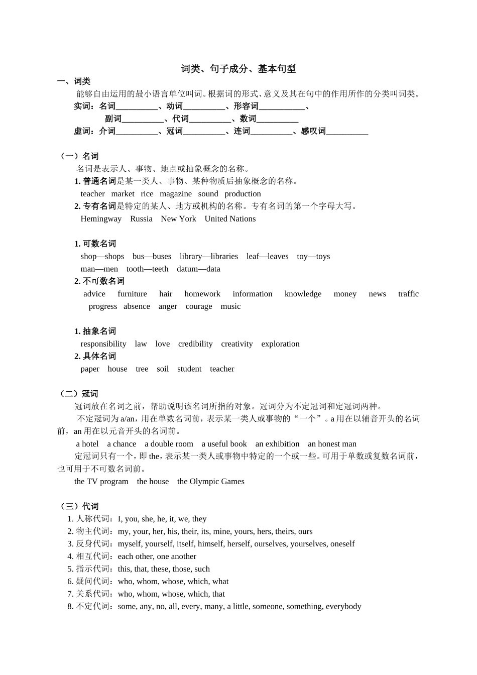 词类、句子成分、基本句型等语法专题训练_第1页