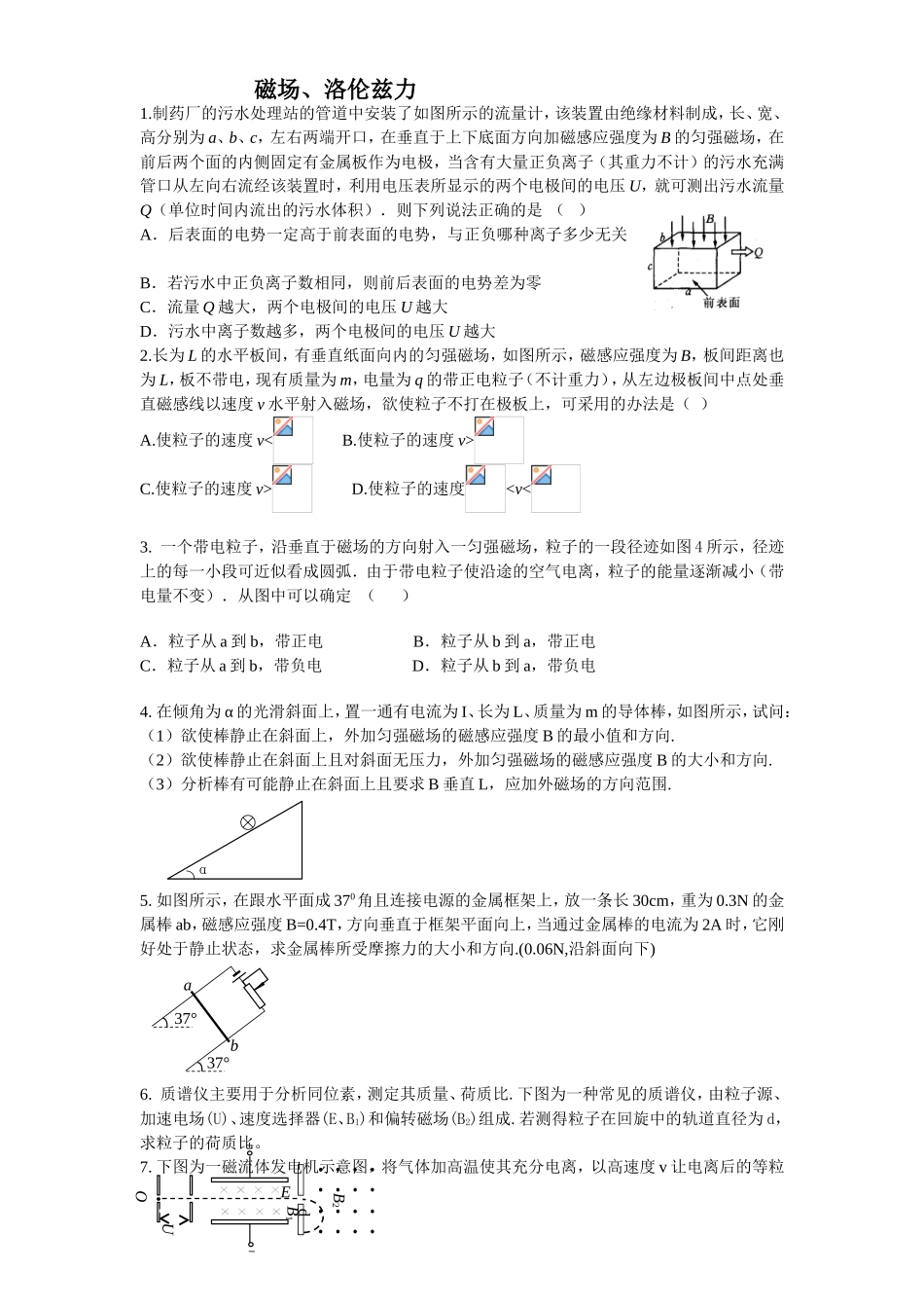 磁场、洛伦兹力专题课堂练习习题_第1页