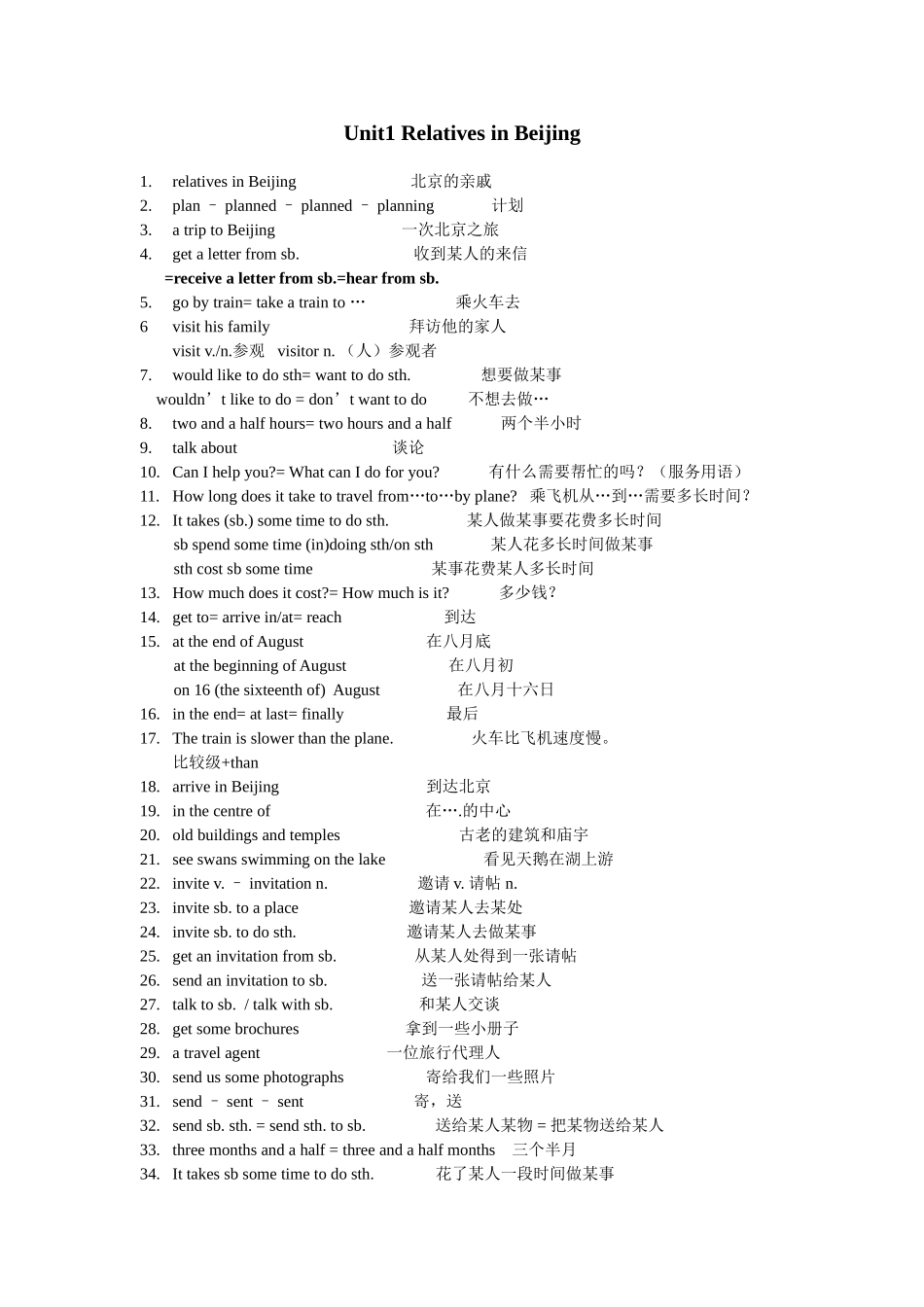 Unit1 Relatives in Beijing 英语短语汇总_第1页