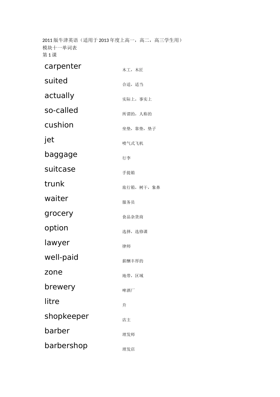 版牛津英语（适用于2013年度上高一，高二，高三学生用）模块十一单词表_第1页