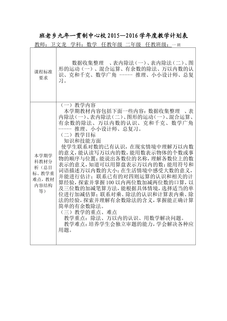 班老乡九年一贯制中心校学年度教学计划表_第1页
