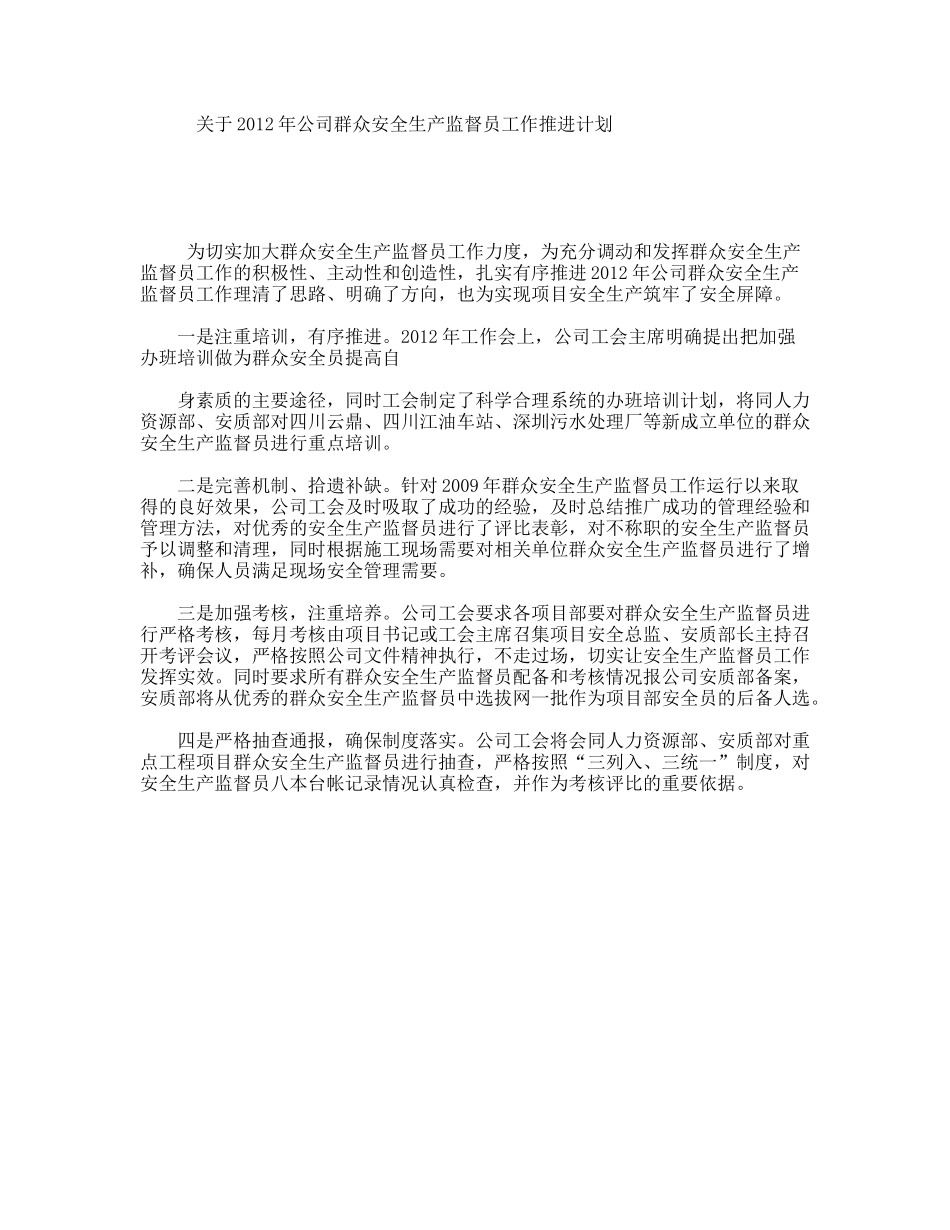 关于公司群众安全生产监督员工作推进计划_第1页