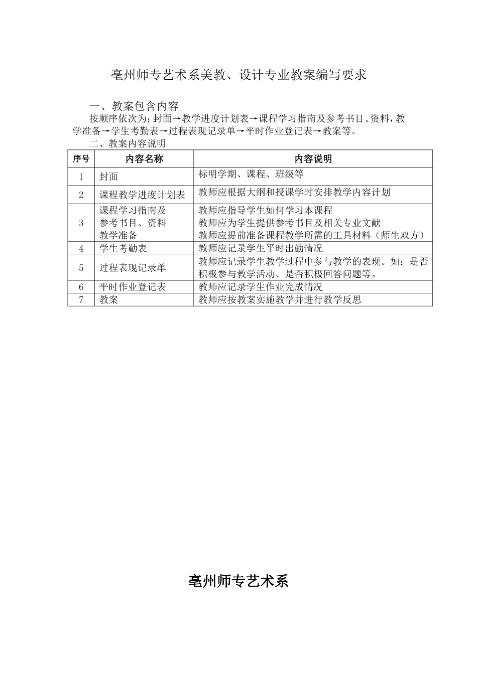 亳州师专艺术系美教、设计专业教案编写要求_第1页