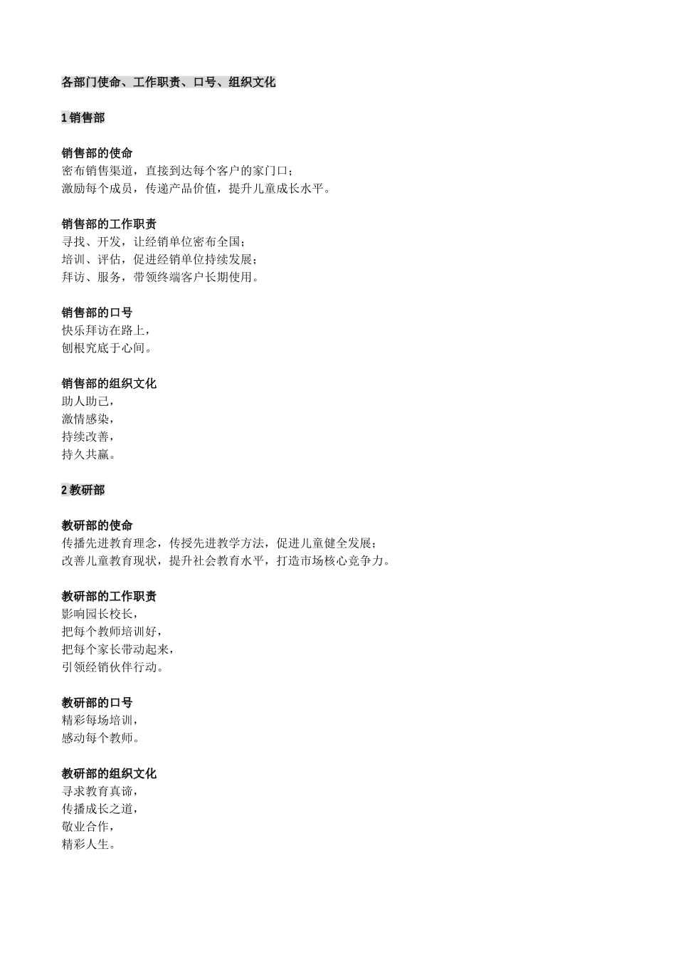各部门使命、工作职责、口号、组织文化_第1页
