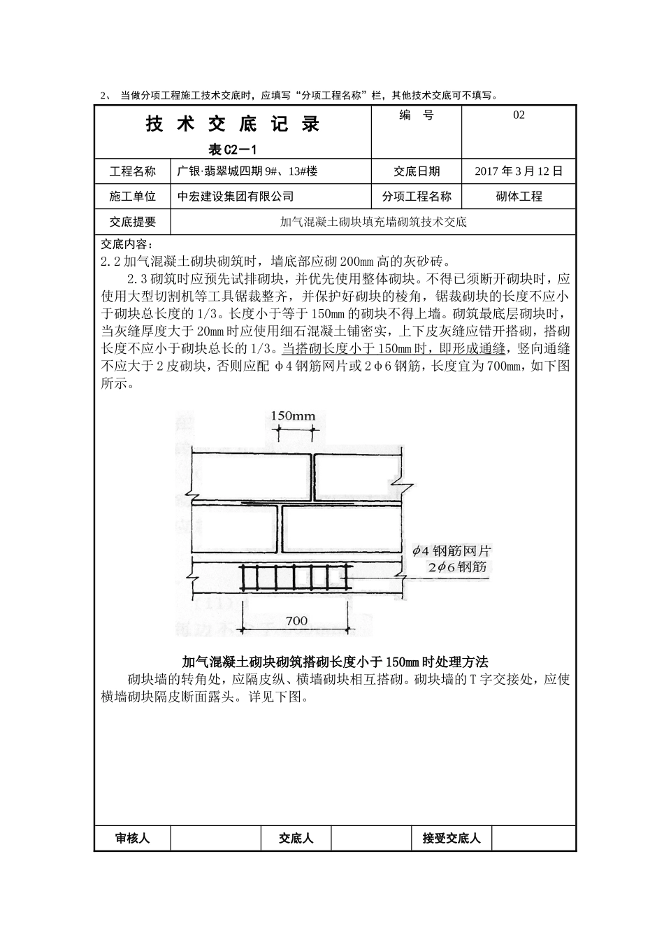 加气混凝土砌块填充墙砌筑技术交底记录_第2页