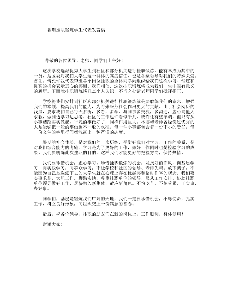 暑期挂职锻炼学生代表发言稿_第1页