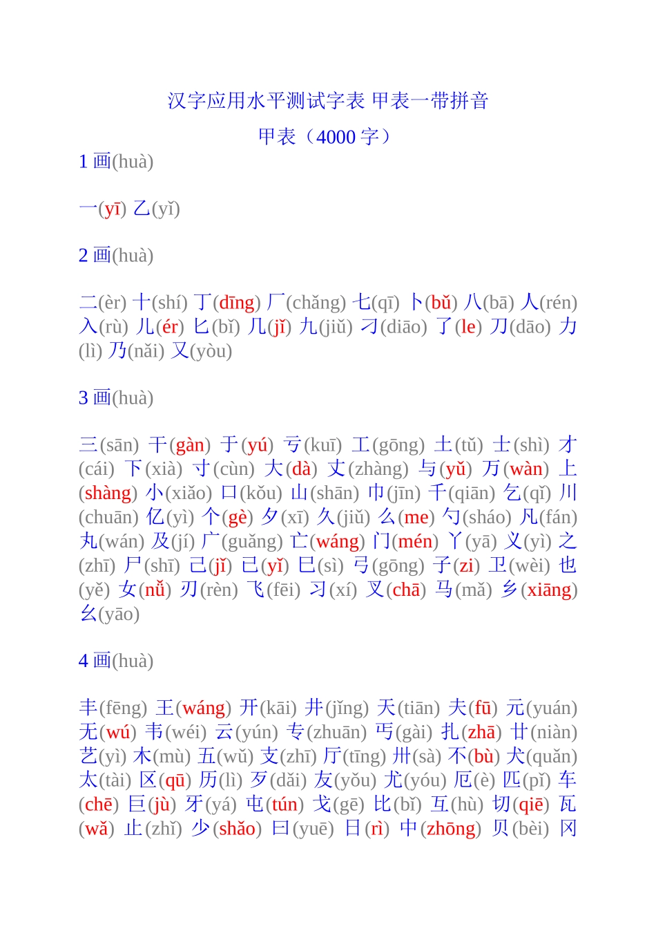汉字应用水平测试字表甲表一带拼音_第1页