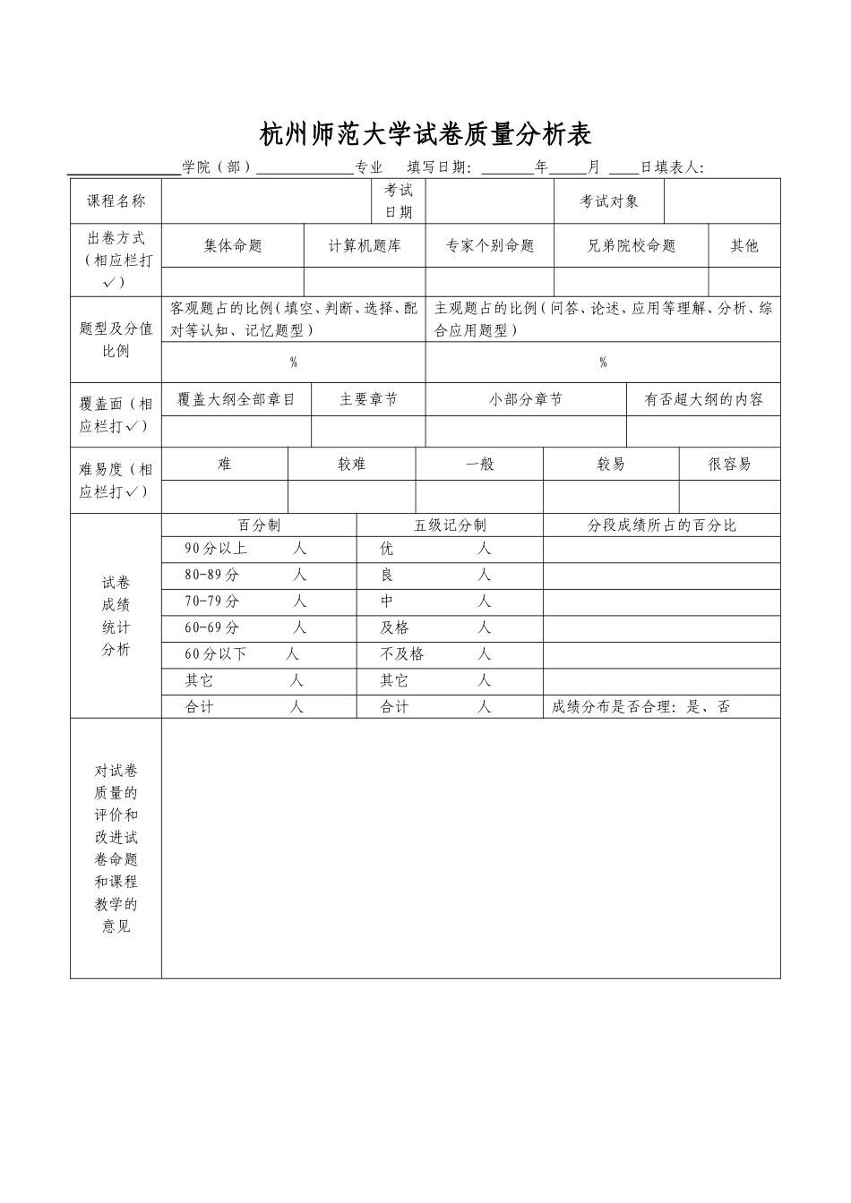 杭州师范大学试卷质量分析表_第1页