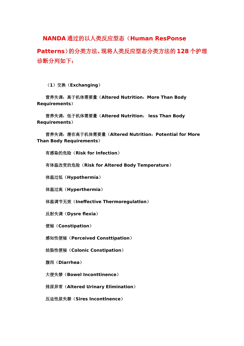 人类反应型态分类方法的128个护理诊断_第1页