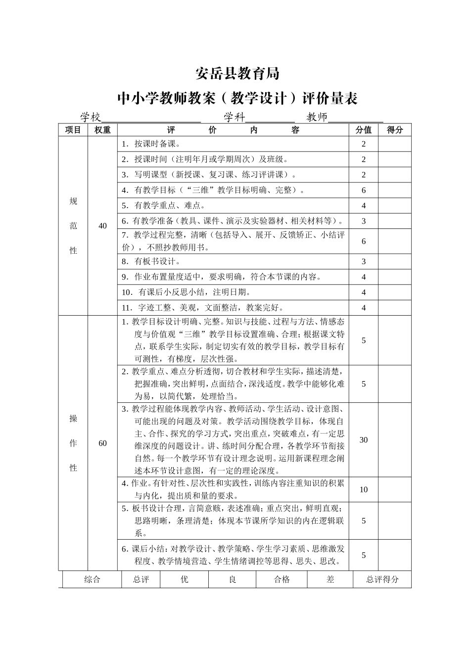县教育局中小学教师教案（教学设计）评价量表_第1页