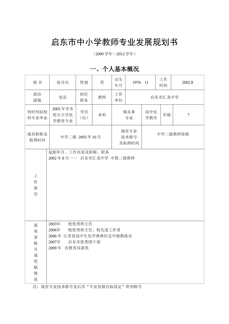 市中小学教师专业发展规划书_第1页